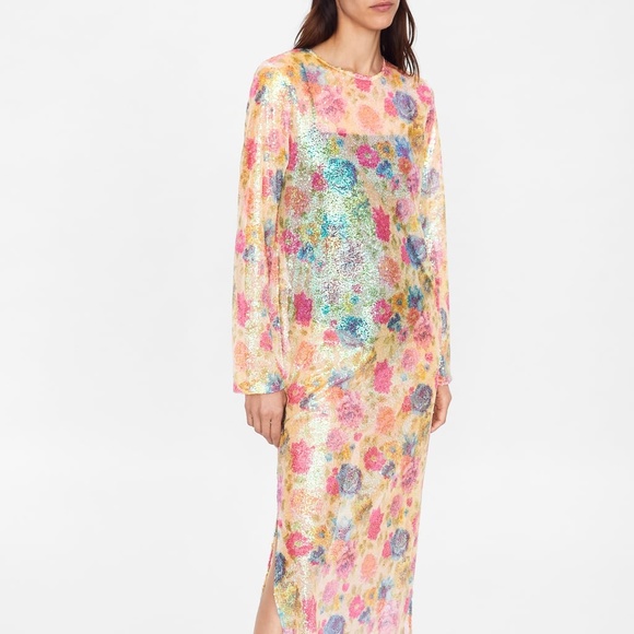 NWT ZARA PRINT SEQUIN BLOGGER SUMMER SHEER DRESS - Picture 2 of 8